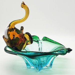 Murano Green and Amber Glass Elephant Bowl